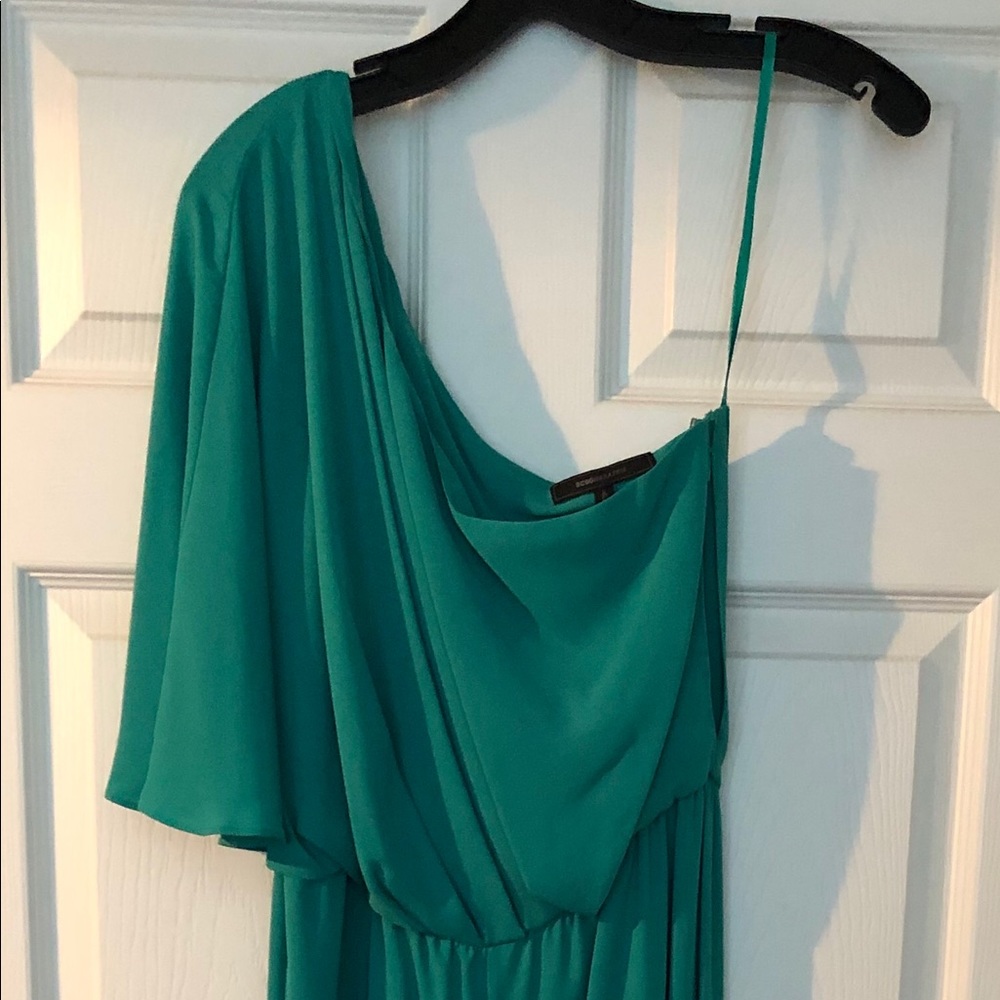 BCBGMaxAzria Womens Asymmetrical One Shoulder Straight Leg Jumpsuit Green Medium